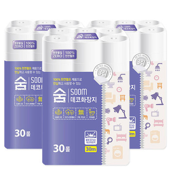 Soom 숨 데코 보라 먼지없는 천연펄프 화장지 휴지 3겹 30M 30롤 3팩